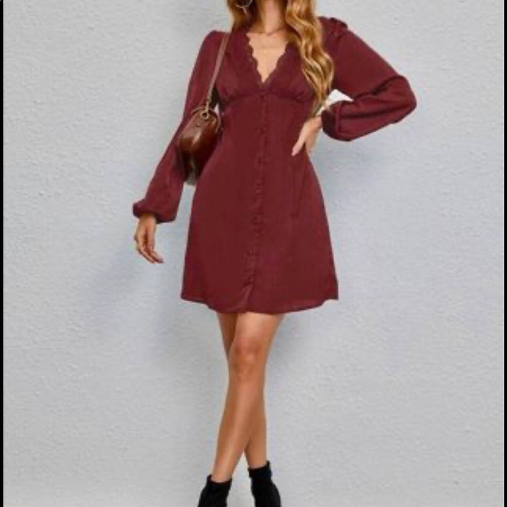 lace trim lantern sleeve button through dress